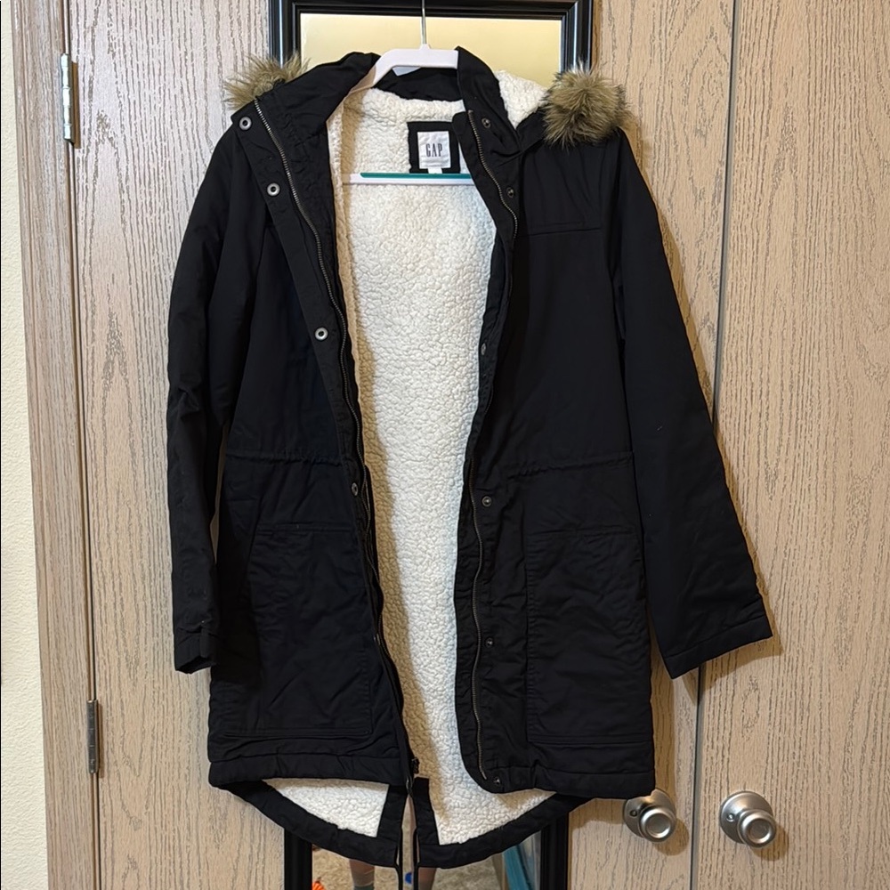 GAP Black Jacket with Faux Fur Hood